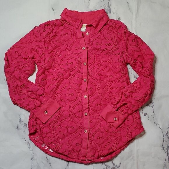 Maeve Pink Lace Button Up Blouse - Picture 1 of 8